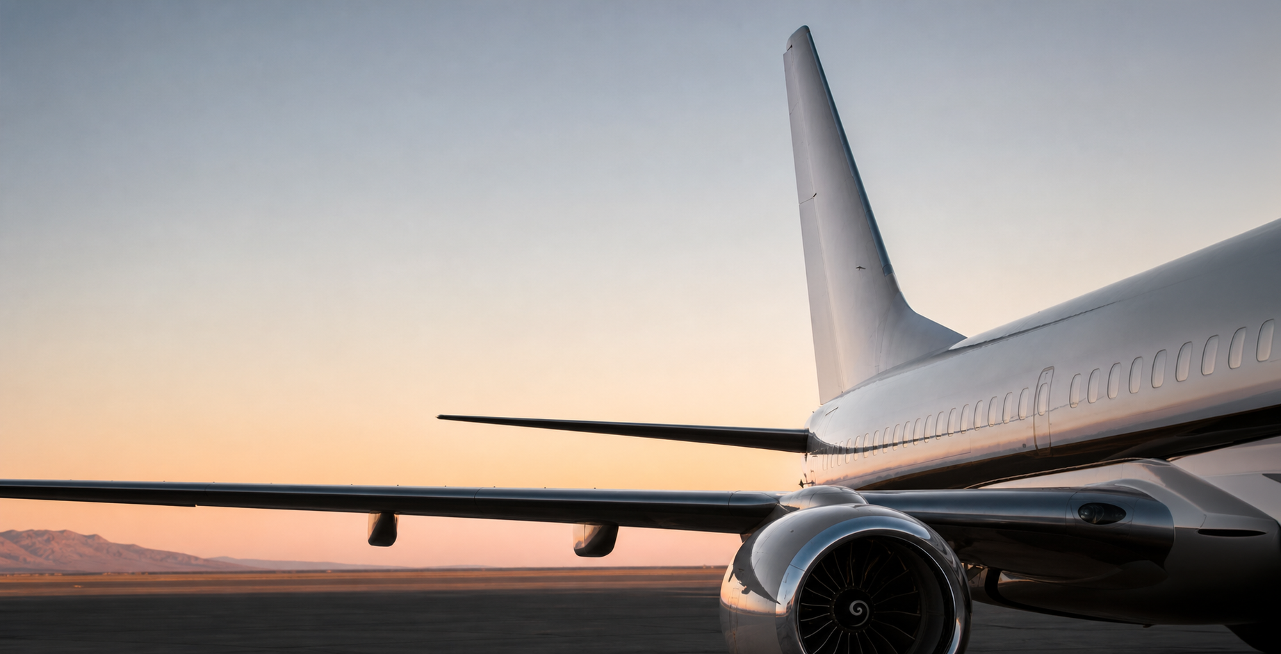 Commercial aircraft tail and engine at sunset